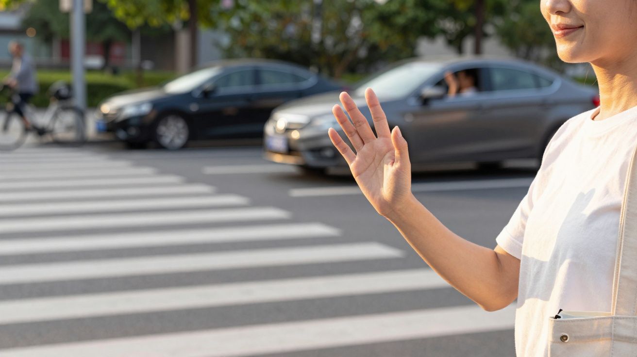 Eine Frau steht an einem Zebrastreifen, hebt ihre Hand, während Autos in der Sonne vorbeifahren.