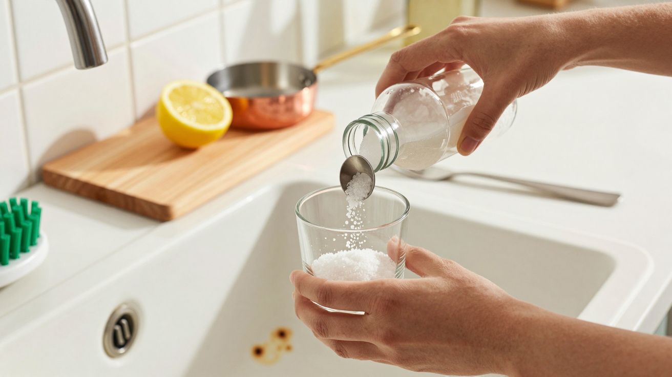 Person füllt Salz aus einer Glasflasche in ein Glas über der Spüle. Im Hintergrund eine halbe Zitrone.