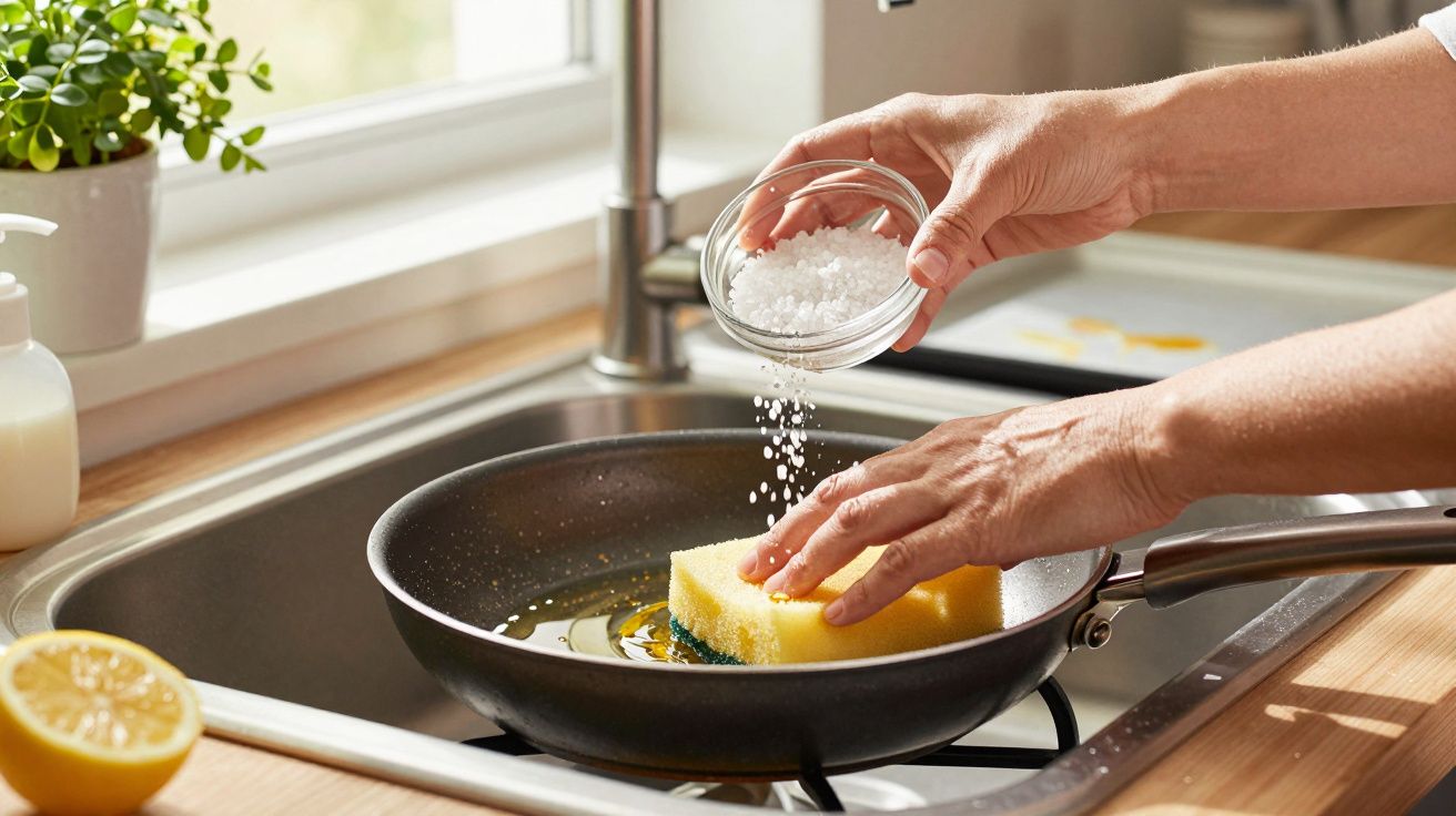 Person reinigt Pfanne mit Schwamm und Salz am Spülbecken, Fenster und Pflanze im Hintergrund.