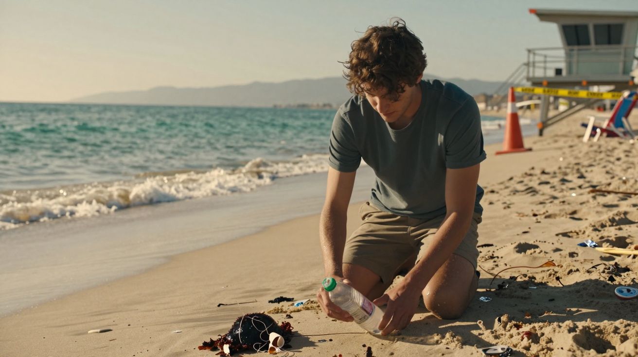 Mann kniet am Strand, hält Plastikflasche, umgeben von Müll. Rettungsturm und orangefarbene Hütchen im Hintergrund.