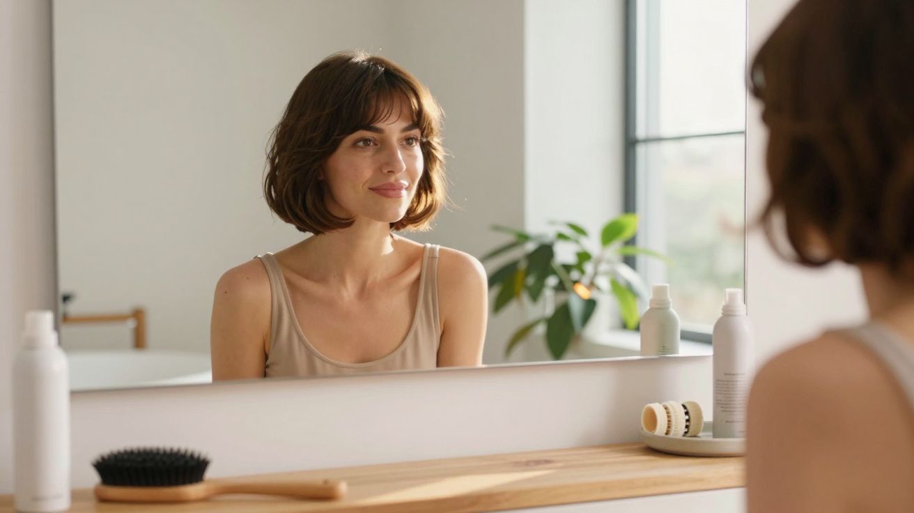Frau mit braunen Haaren lächelt vor einem Spiegel im Badezimmer, Pflanzen im Hintergrund, Pflegeprodukte auf dem Tisch.