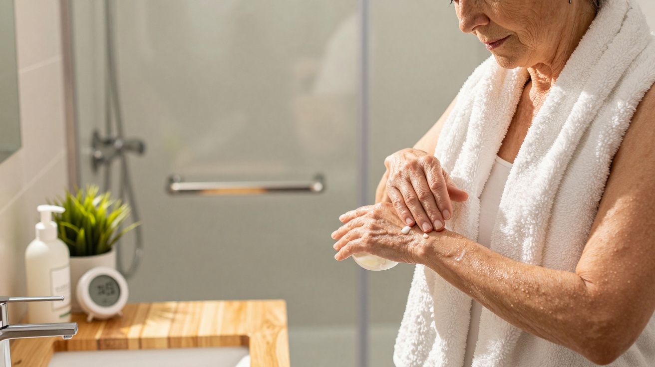 Ältere Frau im Badezimmer massiert Lotion auf ihre Hände, trägt Handtuch um die Schultern, Waschbecken im Hintergrund.