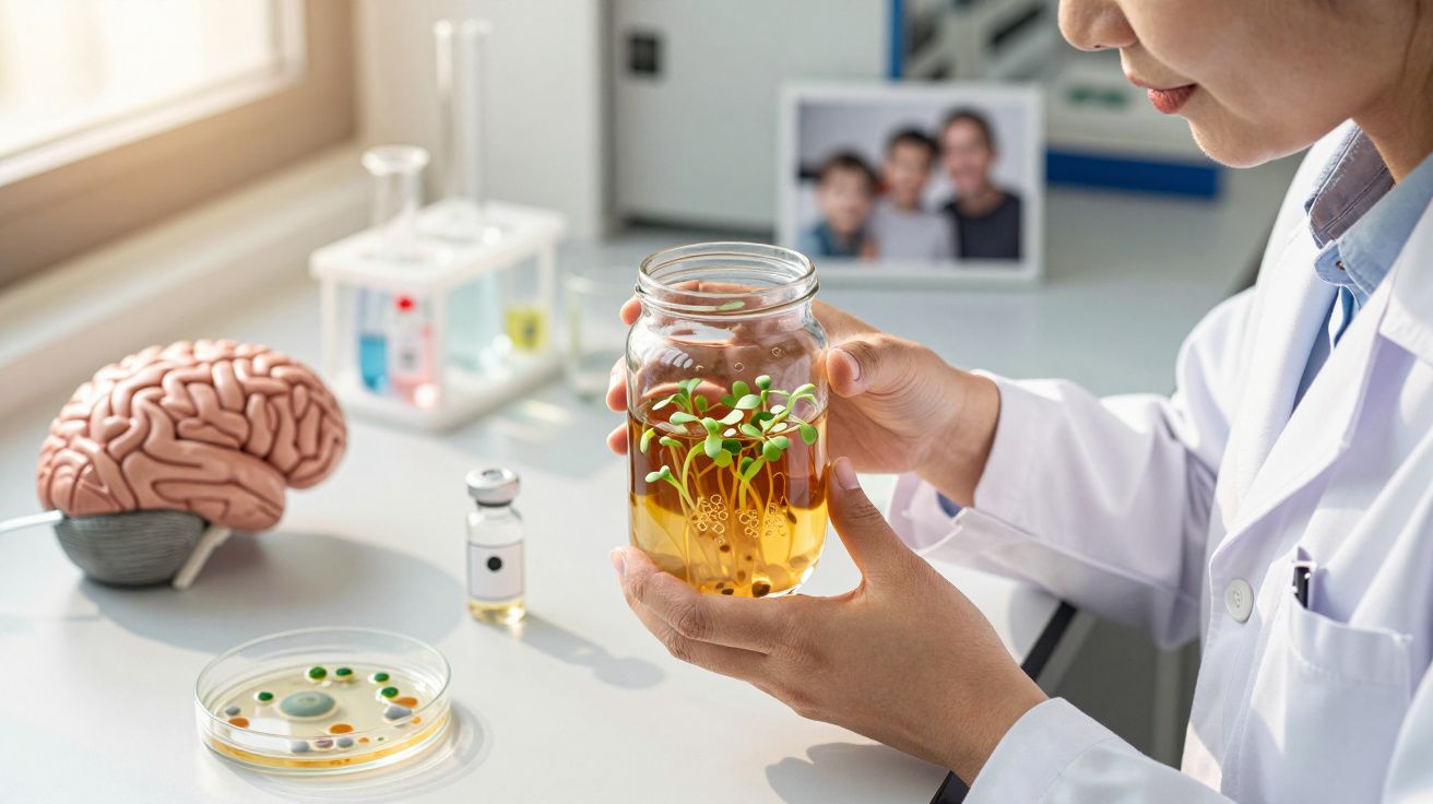 Wissenschaftlerin in weißem Kittel hält ein Glas mit Pflanzen in einem Labor, daneben ein Plastikgehirn und Laborgläser.