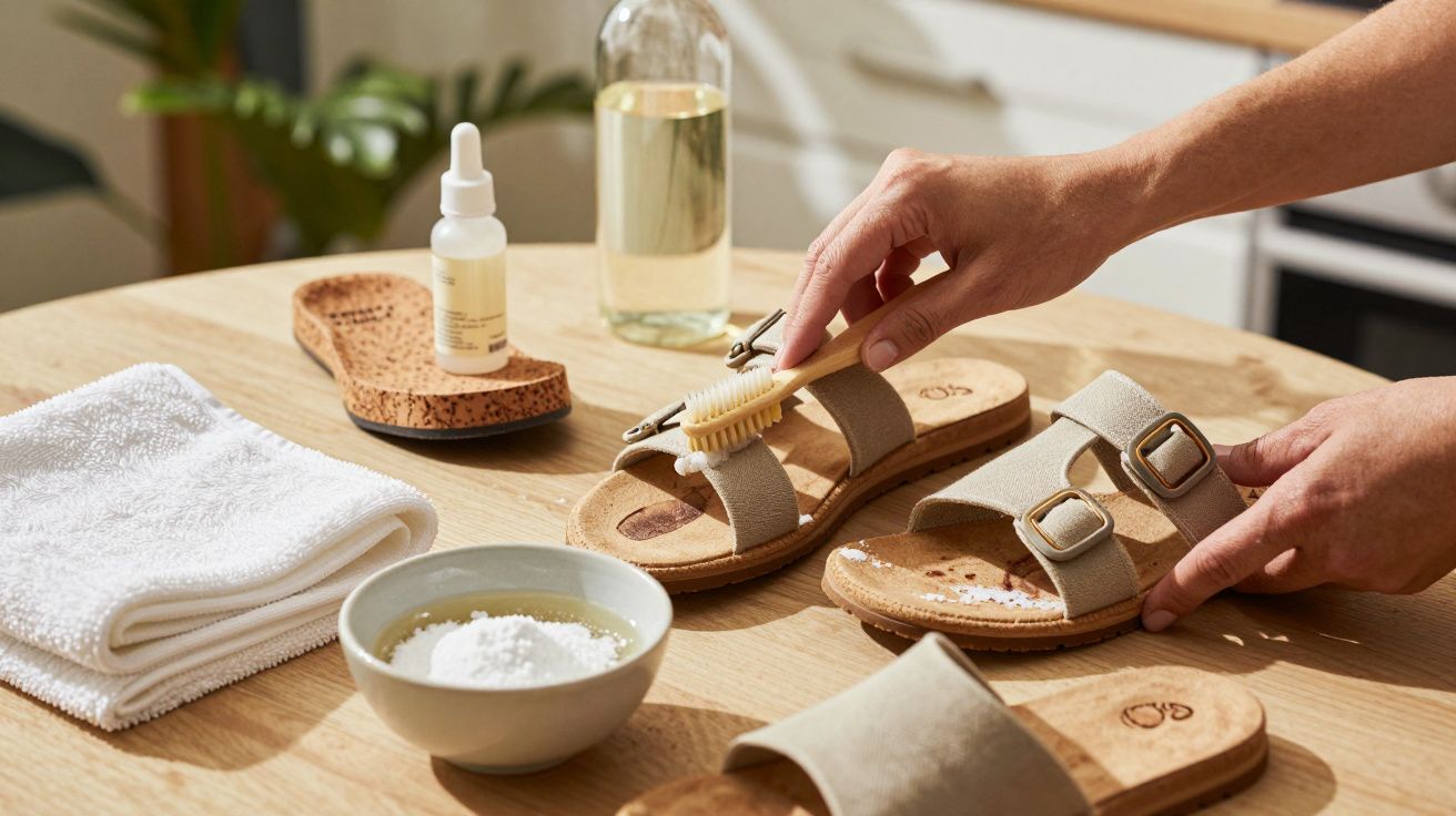Hände bürsten Sandalen auf einem Tisch, umgeben von Putzutensilien und einem Handtuch.