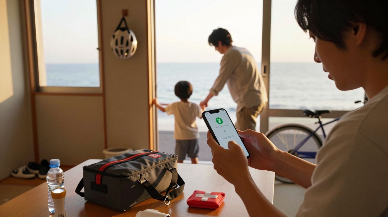 Mann prüft Smartphone-App am Tisch, während Vater mit Kind im Hintergrund am Meer steht, Helm und Gepäcktasche sichtbar.