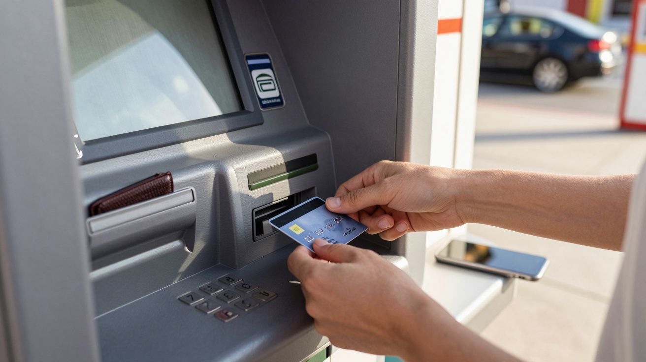 Person steckt Bankkarte in einen Geldautomaten auf einer sonnigen Straße. Ein Smartphone liegt daneben.