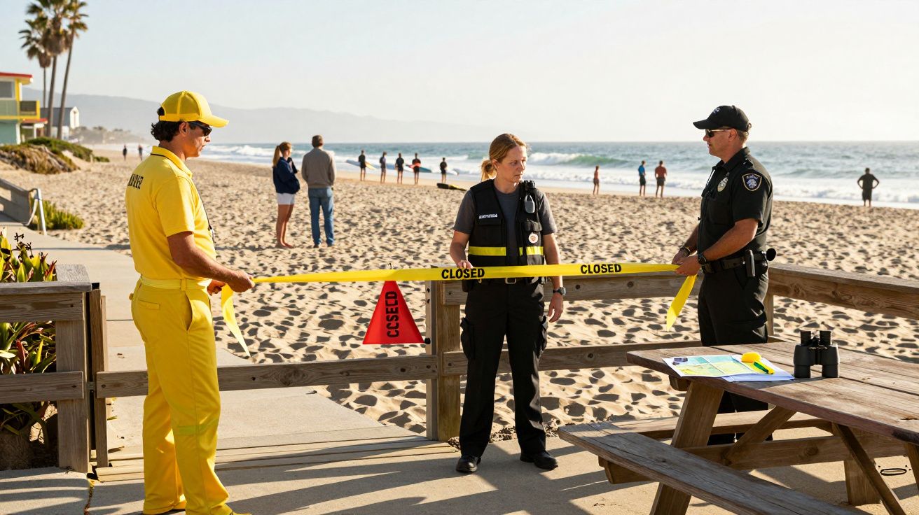 Polizisten und Rettungsschwimmer sperren einen Strandbereich mit gelbem Band ab. Im Hintergrund sind Menschen und das Meer.