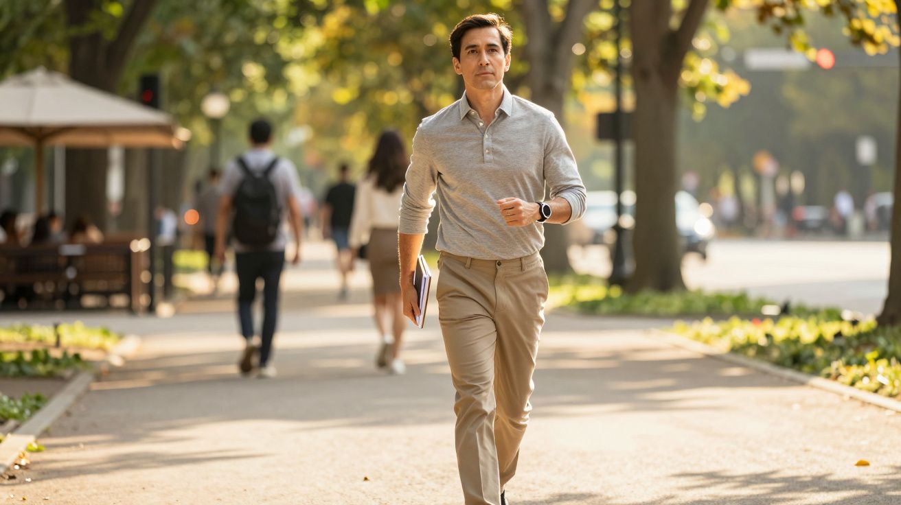 Ein Mann spaziert auf einem sonnigen Gehweg durch einen Park, hält ein Buch, während Menschen im Hintergrund gehen.