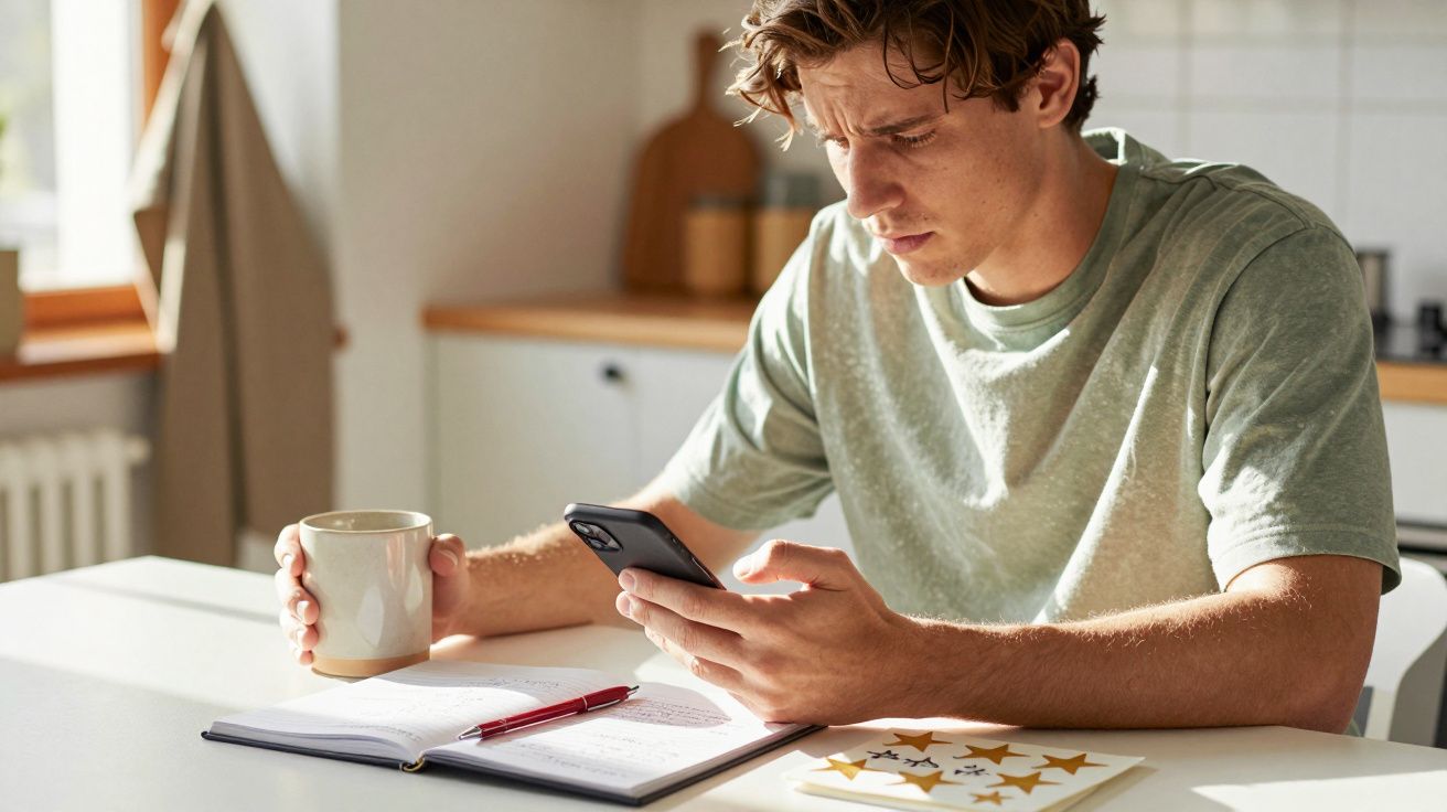 Ein Mann sitzt in der Küche, schaut auf sein Handy und hält eine Tasse. Auf dem Tisch liegt ein offenes Notizbuch.