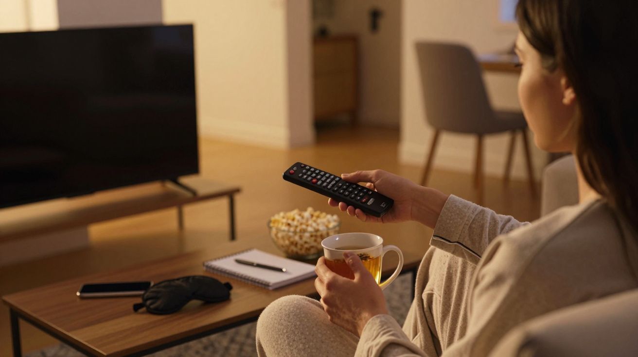 Person auf einem Sofa hält eine Tasse und eine Fernbedienung, vor einem Tisch mit Notizbuch, Handy und Popcorn.