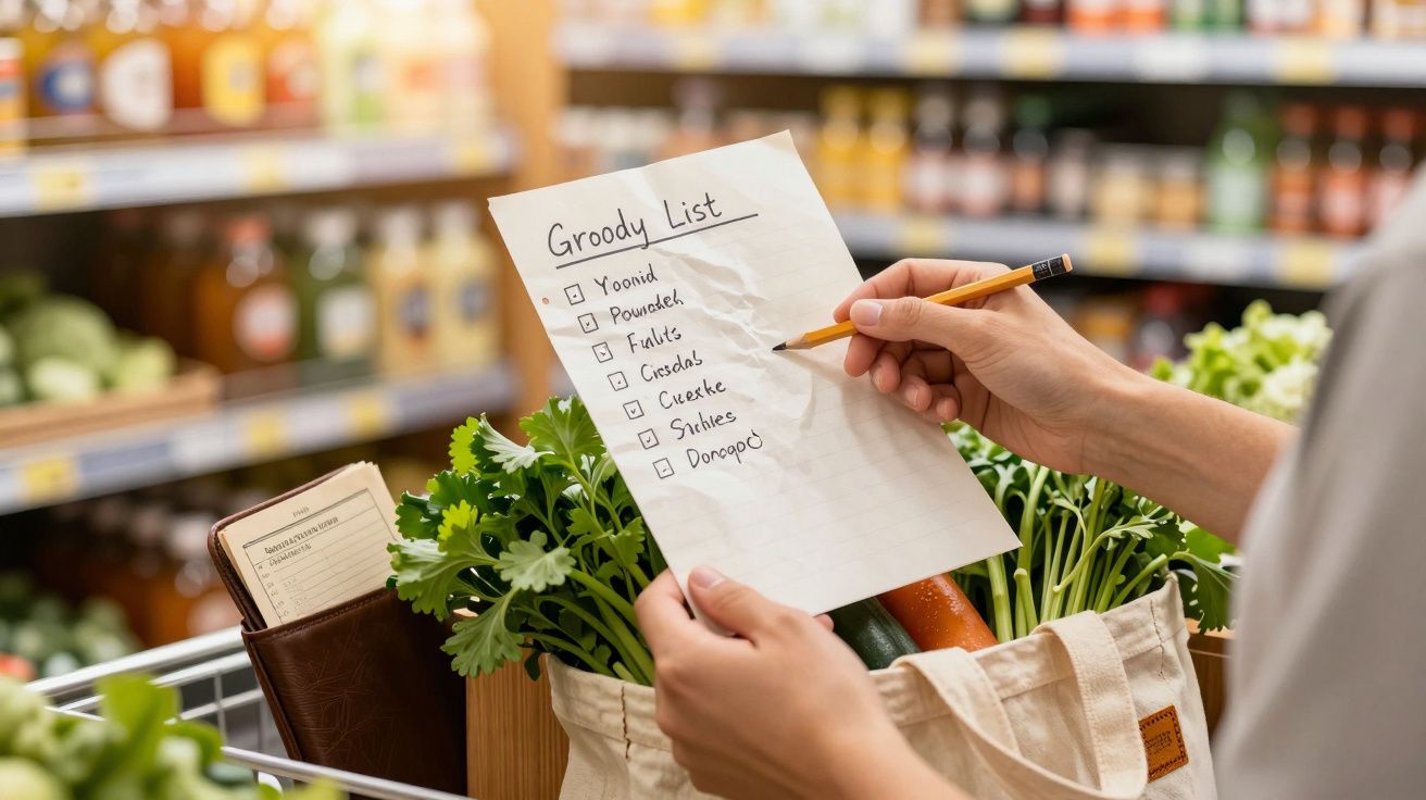Person im Supermarkt mit Einkaufsliste, hält Bleistift und Einkaufstüte mit frischem Gemüse im Hintergrund.