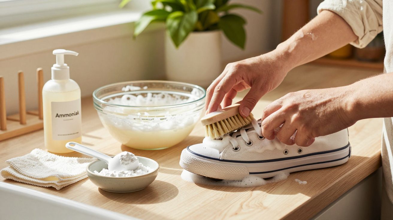 Person reinigt weißen Sneaker auf Holztisch mit Bürste, Ammoniakflasche und Schüssel voller Schaum im Hintergrund.