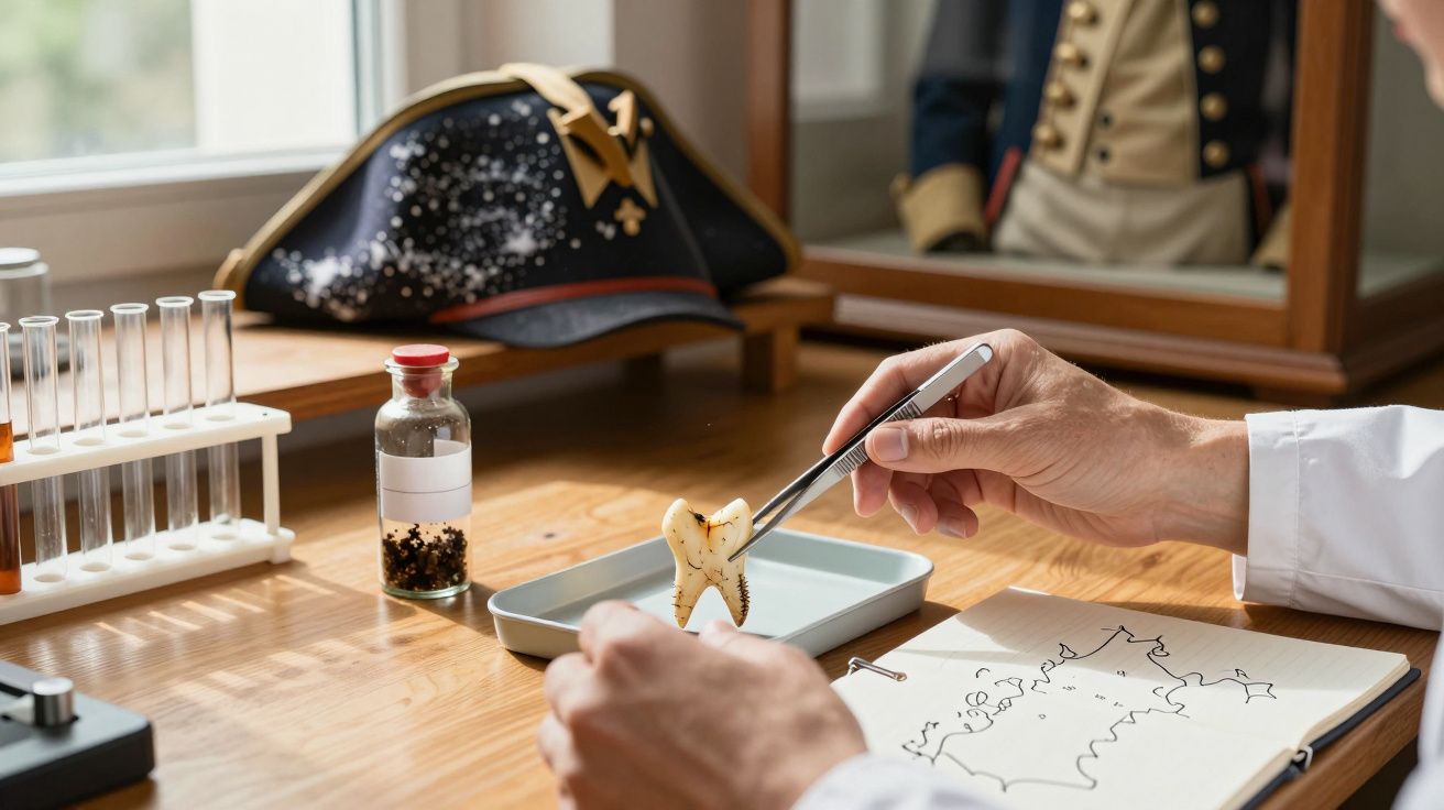 Person untersucht Zahn in einem Labor mit Pinzette, Notizbuch und Probenfläschchen. Historischer Hut im Hintergrund.