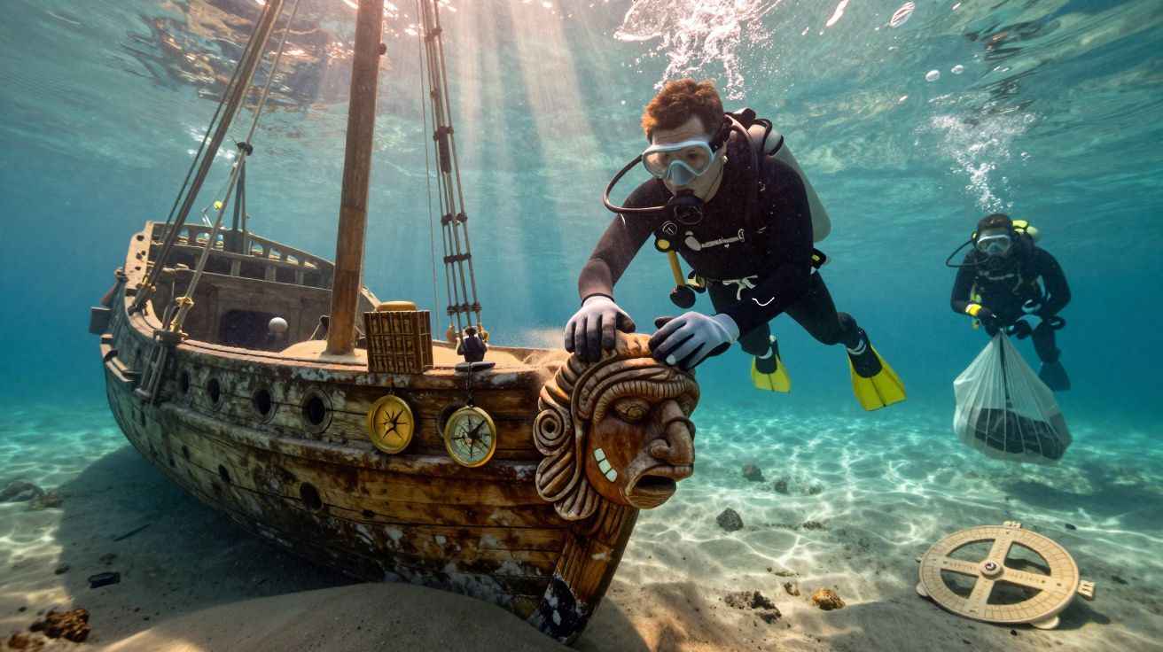 Taucher erkunden ein versunkenes Holzschiff mit verziertem Bug in klarem Wasser. Lichtstrahlen durchbrechen die Oberfläche.