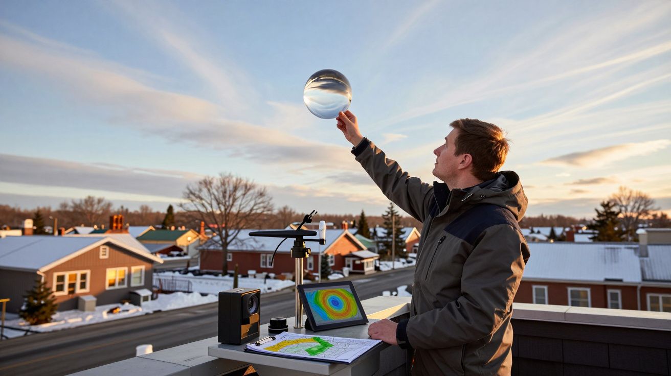 Person hält Glaskugel auf einem Dach, sonniger Wintertag, Analysegerät und Tablet auf dem Tisch, Wohnhäuser im Hintergrund.
